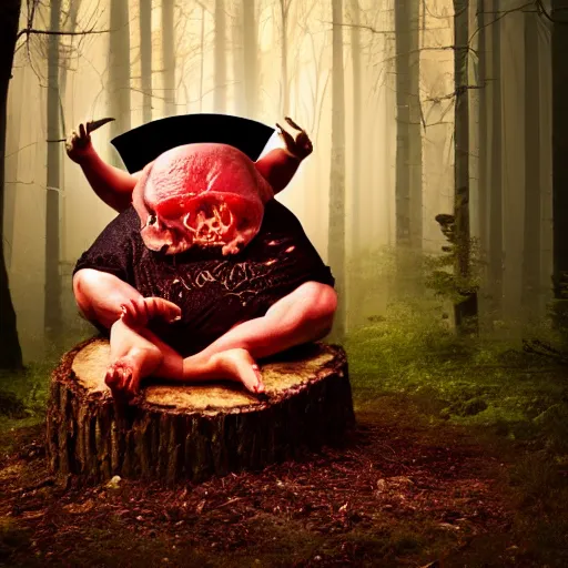 Image similar to big fat butcher with a scary face chops a piece of meat on the stump in a dark forest, night scene, old photo, scary, creepy, terrible atmosphere