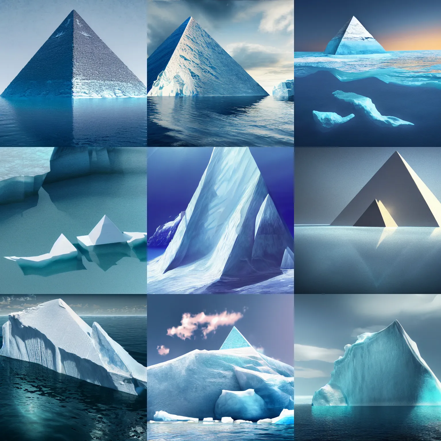 Prompt: a photorealistic painting of an iceberg shaped like a pyramid, half-half underwater photo, 8K, digital art, detailed intricate elegant, octane render