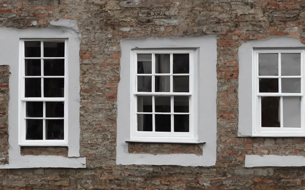 Image similar to single triangular or round sash window on a british wall, surprised and perplexed builders standing in front of it