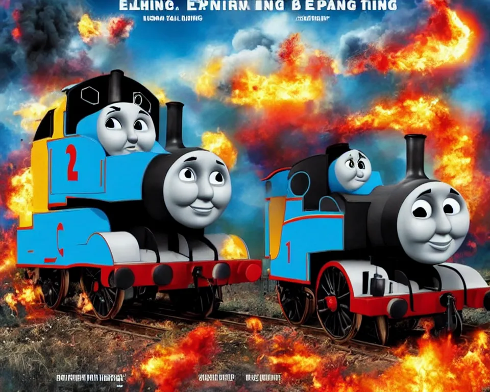 Prompt: thomas the tank engine exploding, movie poster