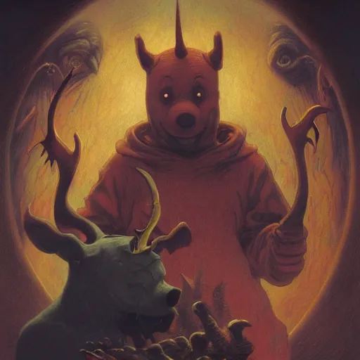 Image similar to A Satanic Evil Winnie The Pooh, psychedelic art, demonic, fullbody, artstation, dark fantasy, concept art, horror, evil, smooth, sharp focus, illustration, art by greg rutkowski and orientalism and bouguereau and Zdzislaw Beksinski, good clear quality, lighting, biology, symmetrical artwork, perfect face, 135 mm, cinematic, hyper realism, high detail, octane render, 8k, chrome accents