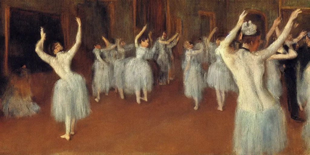 Image similar to an audience full of tall terrifying aliens in robes. They are watching a human ballet. in the victorian era. in the style of an impressionist painting. in the style of edgar degas.