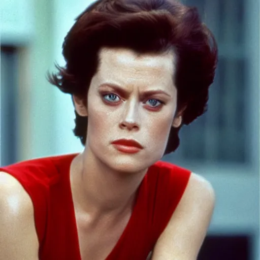 Image similar to genetic combination of sigourney weaver and james dean, face and upper body focus