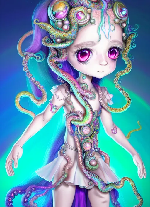 Image similar to A full body shot of a cute young magical girl wearing an ornate dress made of opals and tentacles. Chibi Monster GIrl. Subsurface Scattering. Dynamic Pose. Translucent Skin. Rainbow palette. defined facial features, symmetrical facial features. Opalescent surface. Soft Lighting. beautiful lighting. By Giger and Ruan Jia and Artgerm and WLOP and William-Adolphe Bouguereau. Photo real. Hyper-real. Fantasy Illustration. Sailor Moon hair. Masterpiece. trending on artstation, featured on pixiv, award winning, cinematic composition, dramatic pose, sharp, details, Hyper-detailed, HD, HDR, 4K, 8K.