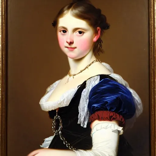 Image similar to portrait of a german teenage princess, circa 1 8 5 0 by franz xaver winterhalter, highly detailed, beautiful, oil on canvas, 1 8 5 0 s, romanticism