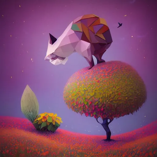 Image similar to low poly, pixar, surreal hybrid animals, nostalgia for a fairytale, magic realism, flowerpunk, mysterious vivid colors by andy kehoe and amanda clarke en un mundo de Gediminas Pranckevicius