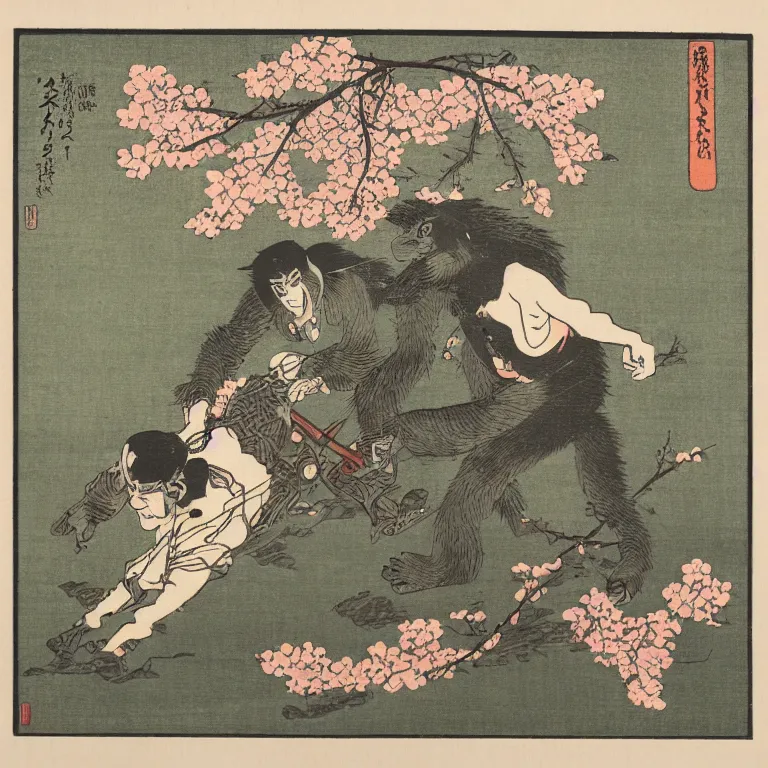 Prompt: a japanese woodblock print of bigfoot riding a motorcycle with cherry blossoms