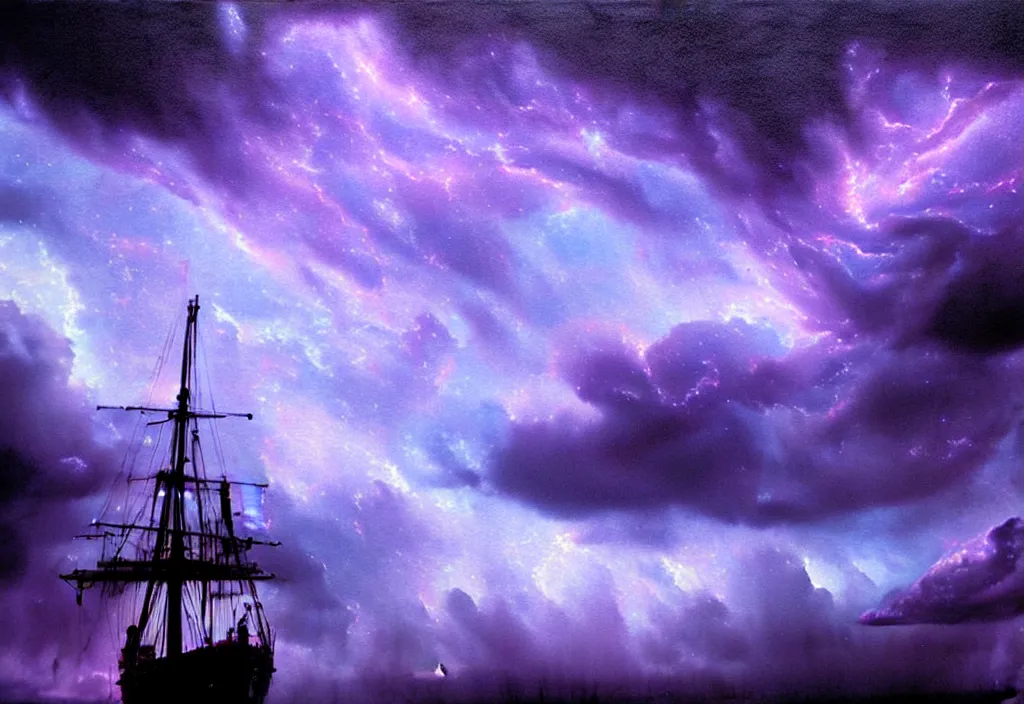 Image similar to purple color lighting storm with stormy sea close up of a pirate ship firing its cannons trippy nebula sky with dramatic clouds painting by banksy Photorealism