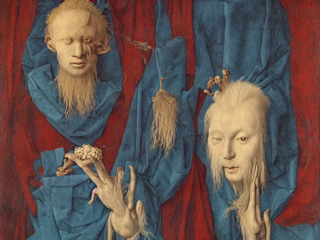 Prompt: Portrait of albino mystic with blue eyes, with Gandhara sculpted heads. Painting by Jan van Eyck, Audubon, Rene Magritte, Agnes Pelton, Max Ernst, Walton Ford