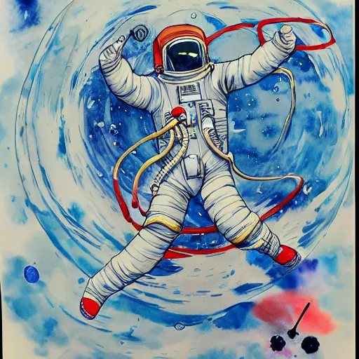 Prompt: james jean water color of an astronaut drifting in space staring at the earth