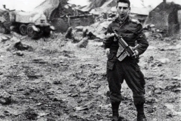 Image similar to Lionel Messi standing with a gun in world war 2, vintage photograph