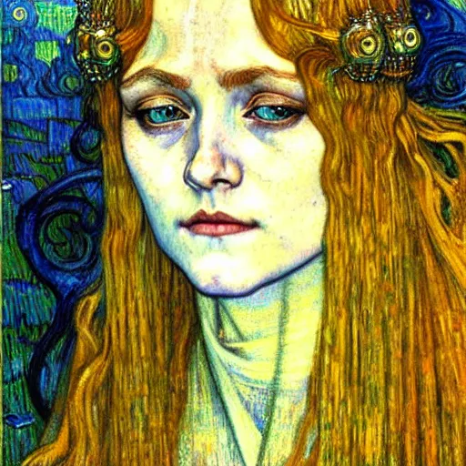Image similar to detailed realistic beautiful young medieval queen face portrait by jean delville, gustav klimt and vincent van gogh, art nouveau, symbolist, visionary, gothic, pre - raphaelite