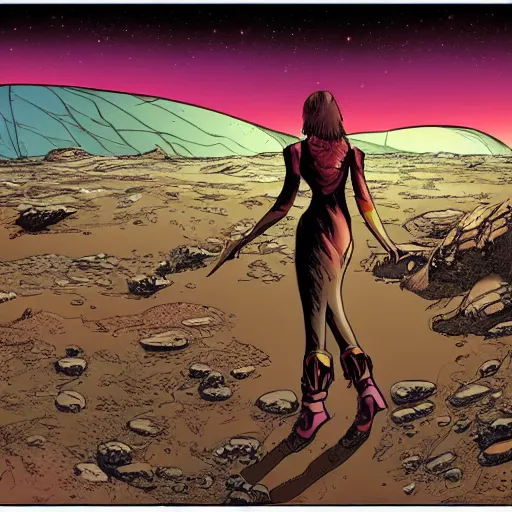Prompt: a girl terraform on Mars maximalism comic art