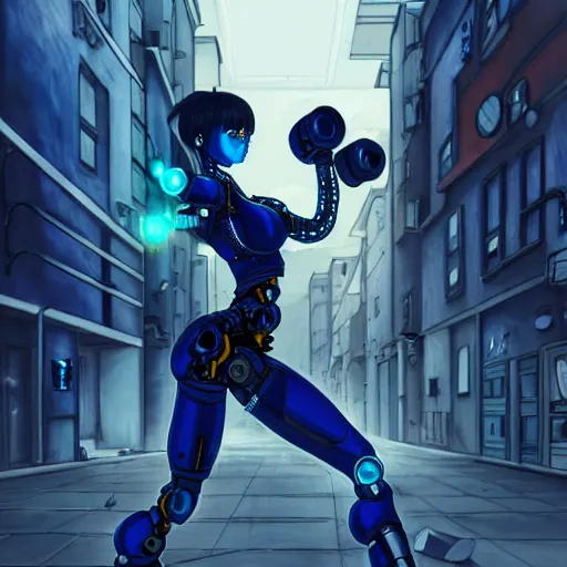 Image similar to cyborg - girl breaking into pieces as it walks down a street, highly detailed, painting, dark blue and black color palette, intricate, high quality anime artstyle,