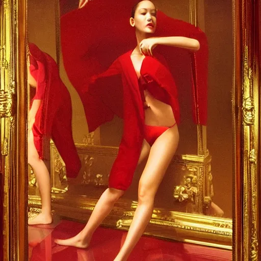 Prompt: Kiko Mizuhara full body laying in a blood red pool of water between a golden mirror frame, outside is space and inside the mirror frame is a beautiful landscape., physically accurate, dynamic lighting, intricate, elegant, highly detailed, very very Roberto Ferri, sharp focus, illustration, art