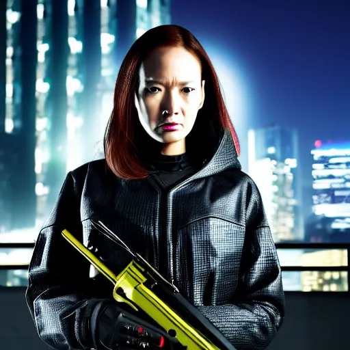 Image similar to photographic portrait of a techwear woman holding a shotgun, holding shotgun down, closeup, on the rooftop of a futuristic city at night, sigma 85mm f/1.4, 4k, depth of field, high resolution, full color, award winning photography, Kill Bill, John Wick, Die Hard, movies with guns, movie firearms, anatomically correct hands