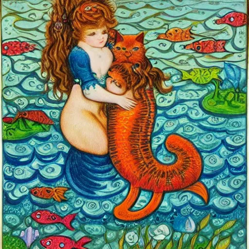 Image similar to a kitten meets a mermaid, Louis William Wain,