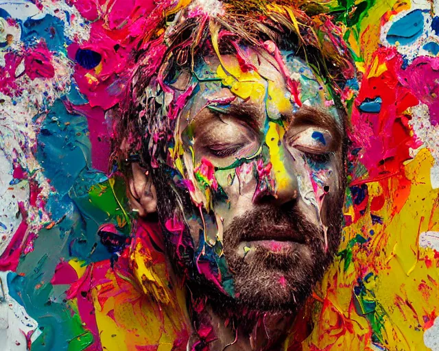 Image similar to abstract expressionist portrait of a head made of very thick impasto paint and acrylic pour and coloured powder explosion and splashing paint and dripping paint and flying paint chunks, eyes closed or not visible, expressing strong emotions, art by antony micallef, motion blur, hyperrealistic, intricate art photography, anatomically correct, realistic crisp textures, 1 6 k