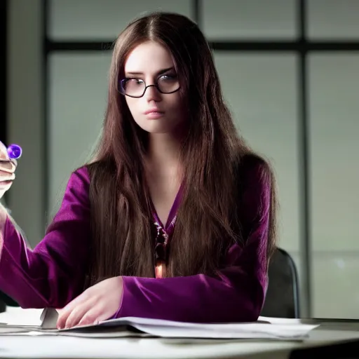 Image similar to an attractive wizard female sitting at a desk pondering her orb