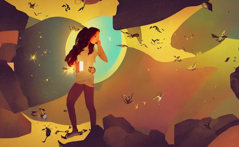 Prompt: abstract illustration of girl with a flashlight illuminating a cave revealing majestic, flying creatures inside