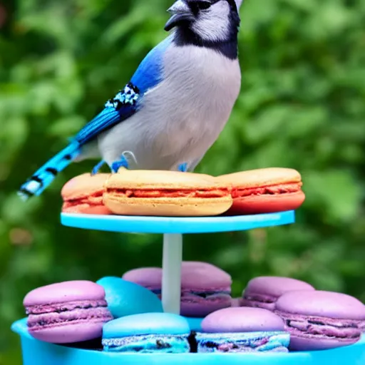 Prompt: A blue jay standing on a large basket of rainbow macarons.