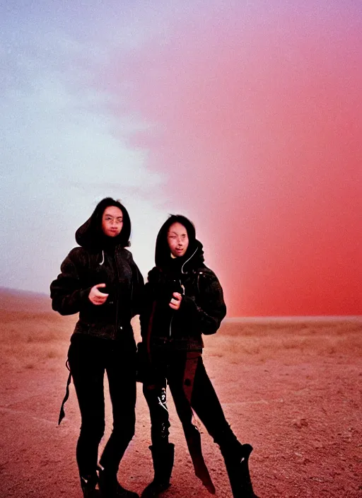 Image similar to cinestill 5 0 d photographic portrait of two loving female androids wearing rugged black techwear on a desolate plain with a red sky, extreme closeup, lizard on ground, cyberpunk style, in front of a brutalist dark metal facility, dust storm, 3 5 mm, 8 k, hd, f / 3 2, high resolution, ultra realistic faces