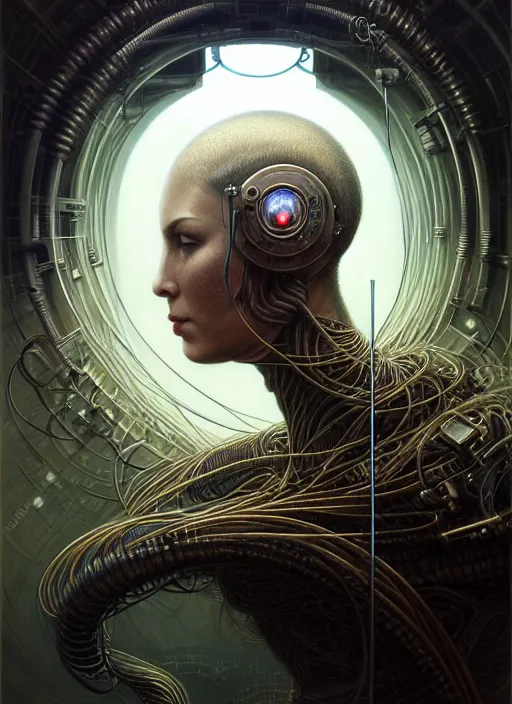 Image similar to portrait shot of machine that creates humans in a scenic dystopian environment, intricate, tubes and cables, elegant, highly detailed, centered, digital painting, artstation, concept art, smooth, sharp focus, illustration, artgerm, tomasz alen kopera, peter mohrbacher, donato giancola, joseph christian leyendecker, wlop, boris vallejo