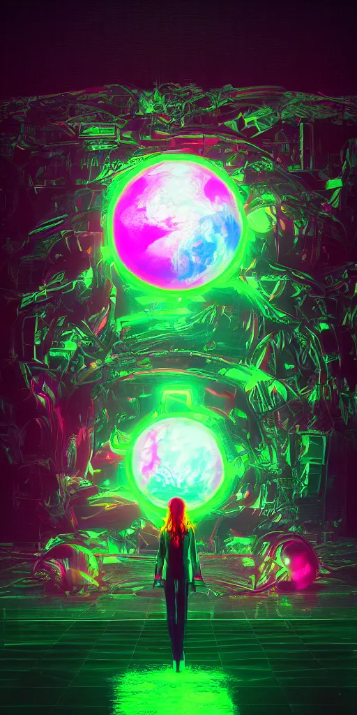 Prompt: humongous technologic flower on a neon planet, spooky, retrowave, art by karl marx, smooth, beautiful art, masterpiece, artistic landscape, cinematic, wet reflections, ray tracing x, rtx, smooth