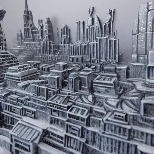 Image similar to a retro futuristic city carved out of ice