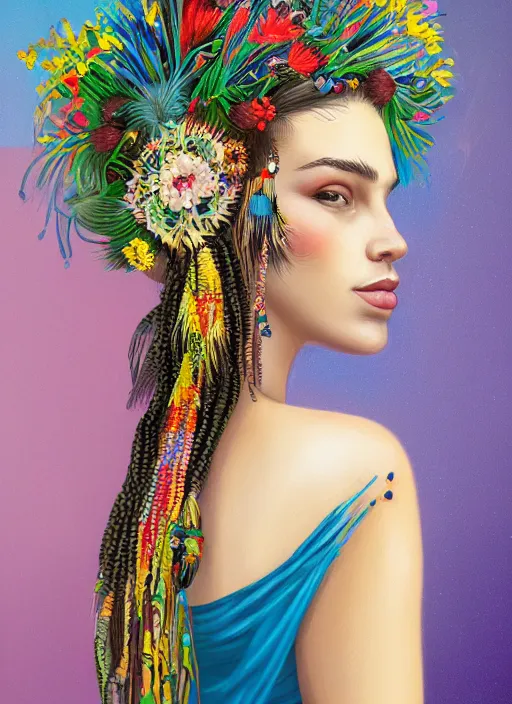 Prompt: beautiful portrait of a mediterranean female wearing fantastic Hand-dyed cotton dress, embellished beaded feather decorative fringe knots ,colorful pigtail,subtropical flowers and plants,symmetrical face,intricate,minority,elegant, highly detailed, 8k,post-processing,digital painting, trending on artstation, concept art, sharp focus, illustration, by artgerm,Tom Bagshaw,Daniel Gerhartz,Albert Aublet,Lawrence Alma-Tadema