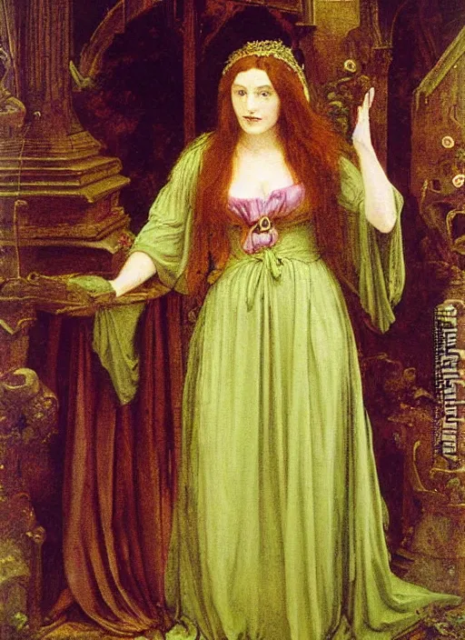 Image similar to morgan le fay and, oil painted by frederick sandys,
