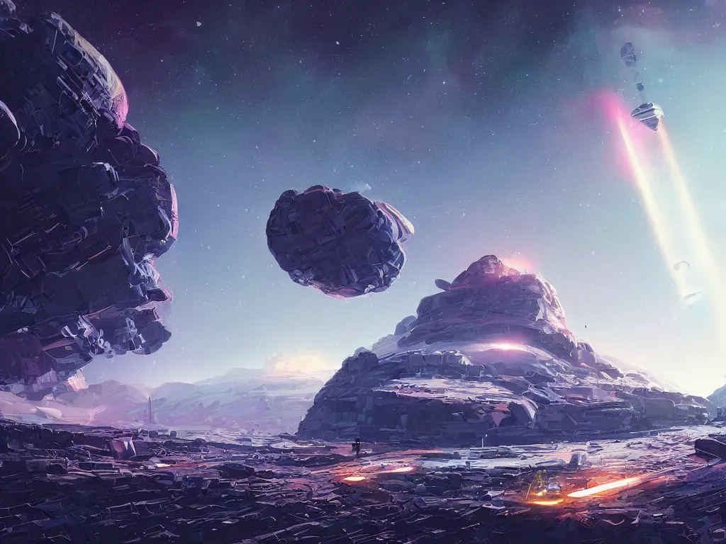 Image similar to minimalist asteroid mining colony by alena aenami, petros afshar interstellar