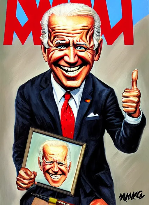 Image similar to mad magazine cover, norman mingo painting, joe biden smiling, thumbs up, exaggerated proportions, caricature, realistic! ( painterly ), visible brush strokes, vintage, hd, crisp
