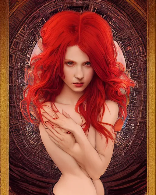 Image similar to Portrait of a red haired Goddess, she holds a spark of all creation in her hands, a tiny red dragonlet, intricate dress, wide angle, intricate, elegant, overdetailed, symmetrical, centered, professional digital painting, artstation, concept art, smooth, sharp focus, 8K, art by artgerm and greg rutkowski and alphonse mucha and loish and WLOP, heavenly emanation, daily deviation