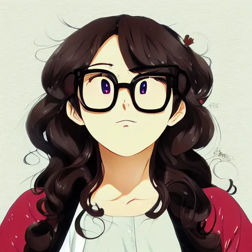 Dark anime depiction of a young woman with short black curly hair and green  eyes with glasses and collar, highly detailed, beautiful, sensual