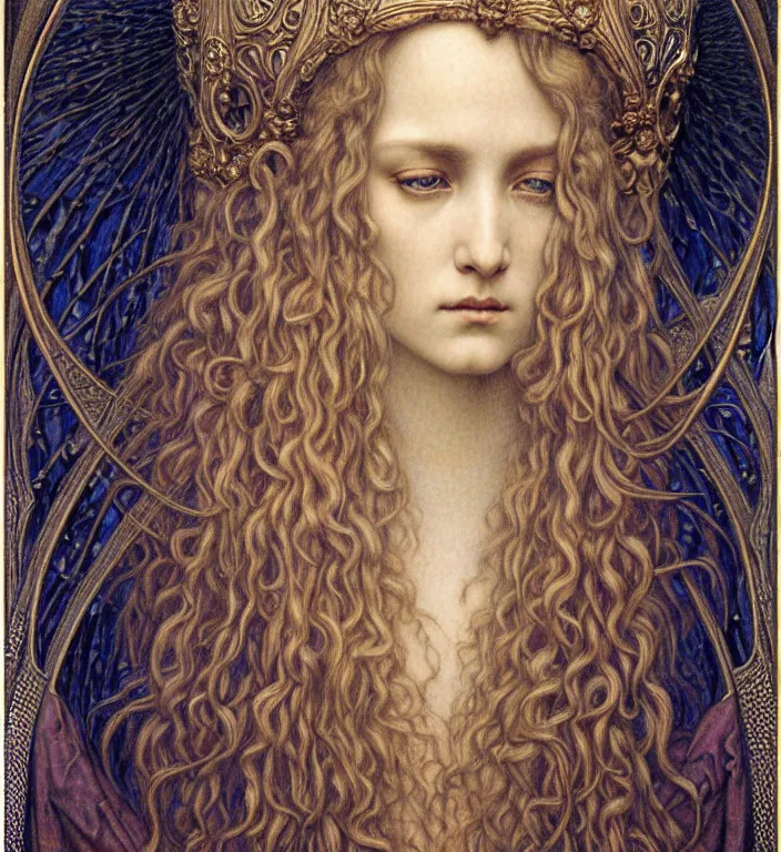 Image similar to detailed realistic beautiful young medieval queen face portrait by jean delville, gustave dore and marco mazzoni, art nouveau, symbolist, visionary, gothic, pre - raphaelite. horizontal symmetry