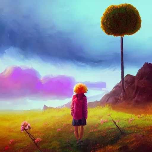 Image similar to giant carnation flower head, girl hiking in the mountains, surreal photography, sunrise, dramatic light, impressionist painting, colorful clouds, digital painting, artstation, simon stalenhag