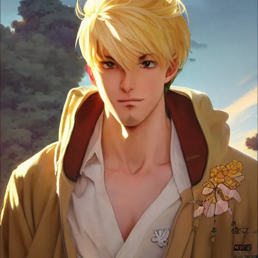 Image similar to highly detailed vfx portrait of a blond mid - section pretty boy by eiichiro oda, makoto shinkai, alphonse mucha, sharp focus, art by artgerm and greg rutkowski!, backlit, harsh overhead sunlight, detailed,