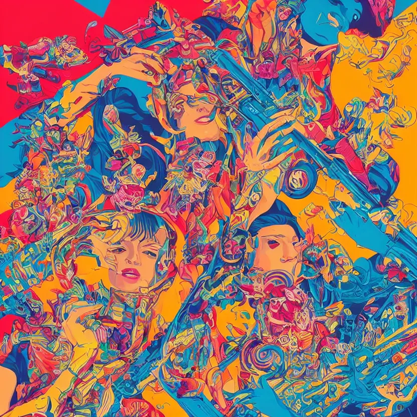 Image similar to album cover design in beautiful bright colors by tristan eaton and james jean