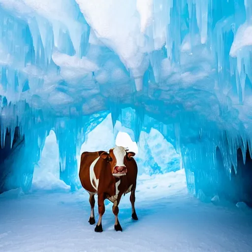 Prompt: a cow in an ice cave, photo