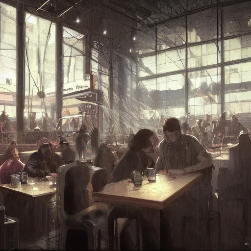 Prompt: a worried person in a crowded busy dystopian cafeteria interior by otto frello