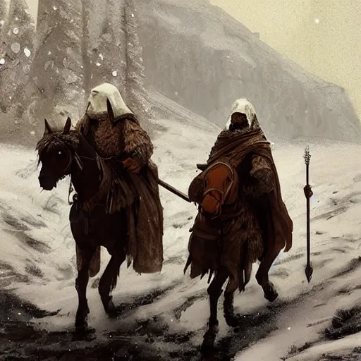 Image similar to “Two medieval men carrying furs on horseback in the snow in the middle of the mountains, snow storm, fantasy, highly detailed, digital painting, artstation, concept art, illustration, art by Greg Rutkowski and Marc Simonetti