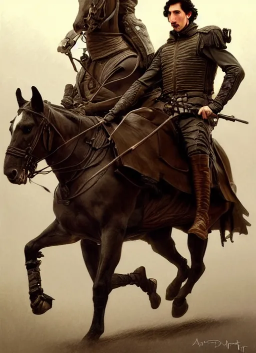 Prompt: painting of stoic king adam driver riding on horse together with his best friend john oliver, full body, military uniform, fantasy, intricate, elegant, beautiful, highly detailed, charcoal, centered, dark, smokey, digital painting, artstation, concept art, smooth, sharp focus, illustration, art by artgerm and greg rutkowski and alphonse mucha