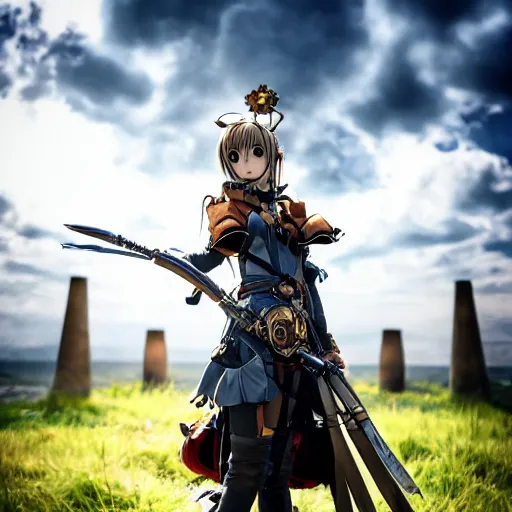 Prompt: anime girl with steampunk armor and weapons posing, finely detailed, epic, cinematic lighting, beautiful, clouds, sky, sunny, grass, trees, sharp focus, anime,