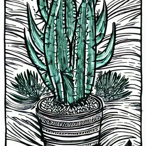 Image similar to Latin American Linocut Art on paper of a beautiful cactus. Epic fantasy art.