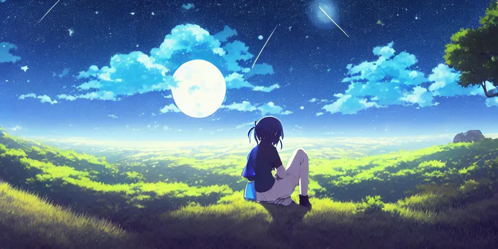 Image similar to a schoolgirl girl sat on the hillside and looked at the stars in the night sky, beautiful moonlight, rich vivid colors spectacular milky way, shining meteor, pale blue light from the moon, ambient lighting, dynamic lighting, official media, anime key visual, detailed, artwork by makoto shinkai. - h 5 7 6