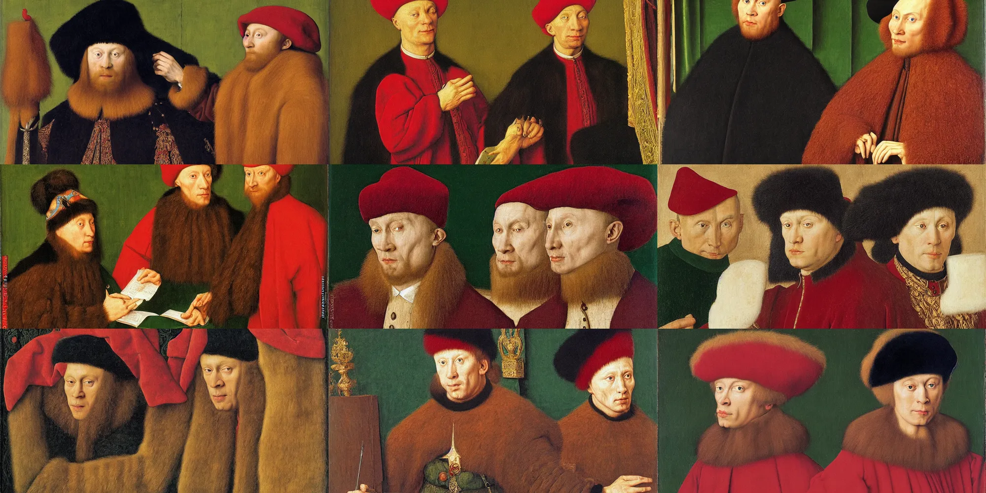 Prompt: painting by Jan van Eyck of Vladmir Putin with a stern expression wearing a fuzzy hat dancing, highly detailed