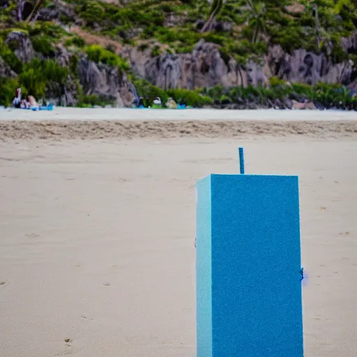 Prompt: refrigerator made of blue sand on the beach