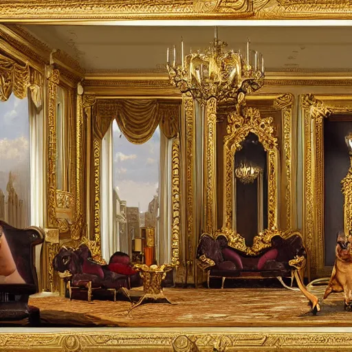 Image similar to 8k highly detailed oil matte painting by Charles Landelle of A French Bulldog King, decadent throne room, ornate furniture, ornate French architecture