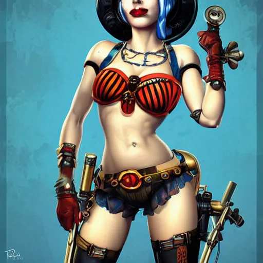Image similar to bioshock steampunk portrait of harley quinn in bikini, Pixar style, by Tristan Eaton Stanley Artgerm and Tom Bagshaw.